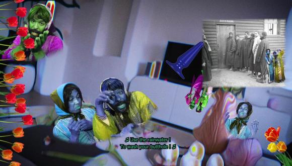 Still from NATUURLIJK by Ghita Skali showing living room with colourful people and images overlaid. Caption reads song lyrics 